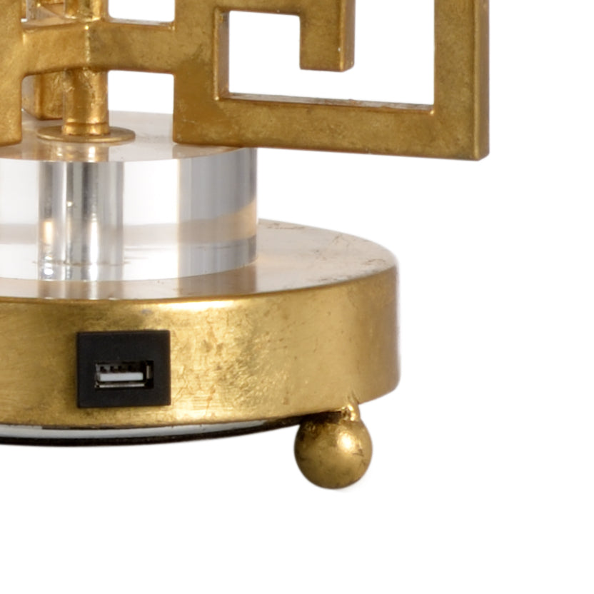 Chelsea House Greek Key Gold Lamp With Antique Gold Leaf, Acrylic Accents & Integrated Charging Port For Rooms 69406