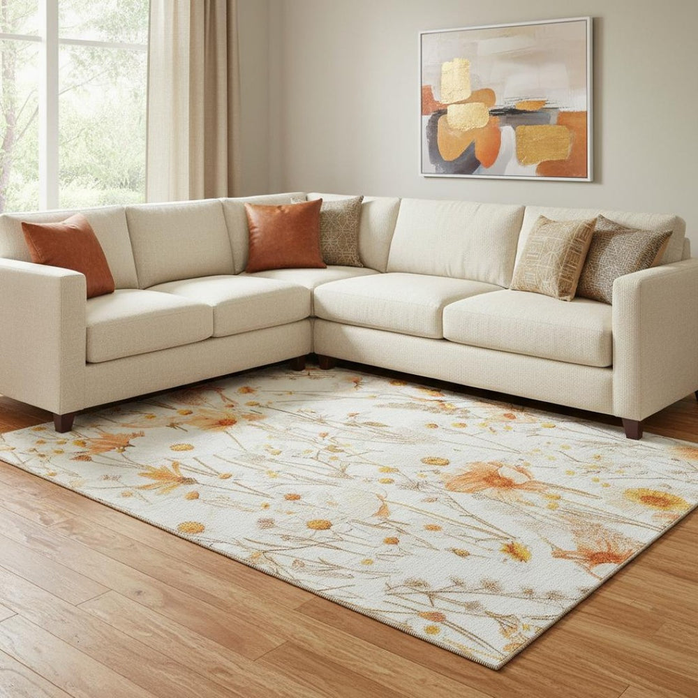 HomeRoots 8' Ivory and Orange Floral Area Rug - Washable, UV Protected, Stain Resistant for Homes with Kids & Pets 694060