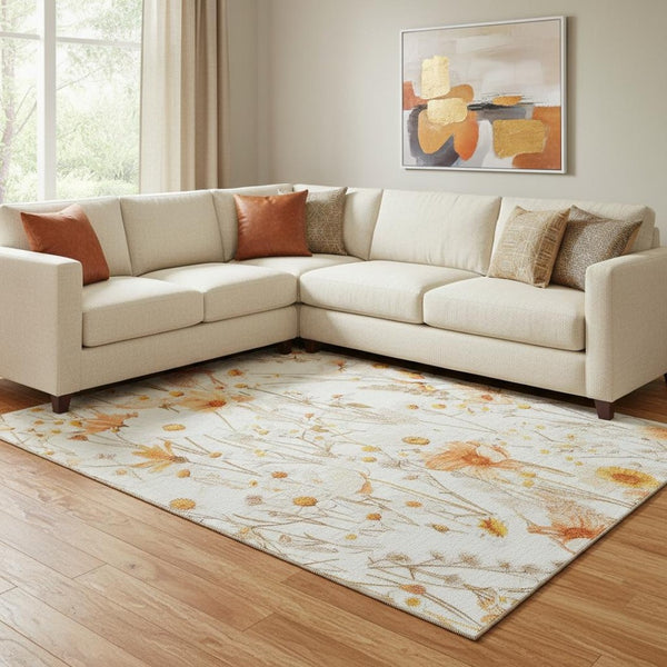 HomeRoots 8' Ivory and Orange Floral Area Rug - Washable, UV Protected, Stain Resistant for Homes with Kids & Pets 694060