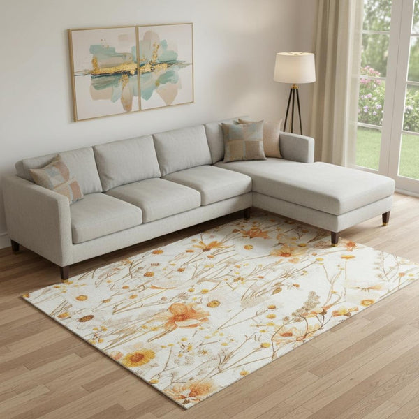 HomeRoots 9' X 12' Floral Area Rug in Ivory & Orange - Washable, Stain Resistant, UV Protected for Easy Care 694061