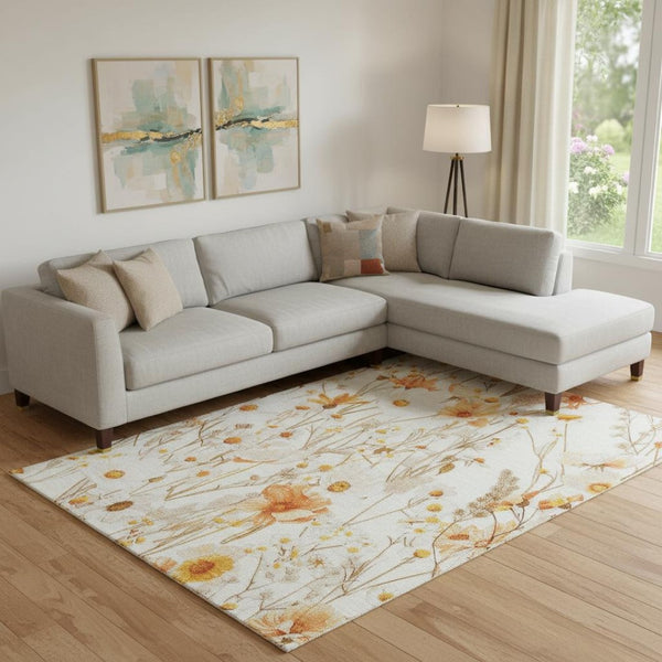 HomeRoots 10' X 14' Ivory and Orange Floral Area Rug - Washable, UV Protected, Durable for Families & Pets 694062