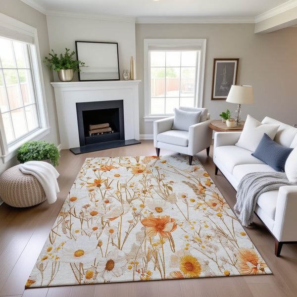 HomeRoots 10' X 14' Ivory and Orange Floral Area Rug - Washable, UV Protected, Durable for Families & Pets 694062