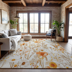HomeRoots 10' X 14' Ivory and Orange Floral Area Rug - Washable, UV Protected, Durable for Families & Pets 694062