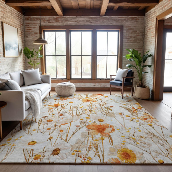 HomeRoots 10' X 14' Ivory and Orange Floral Area Rug - Washable, UV Protected, Durable for Families & Pets 694062
