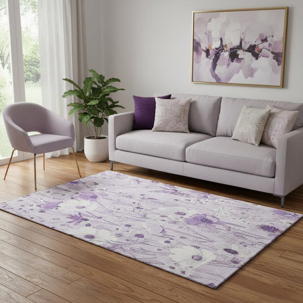 HomeRoots 5' X 8' Lavender Floral Area Rug - Washable, UV Protected, Stain-Resistant & Kid-Friendly Design! 694064