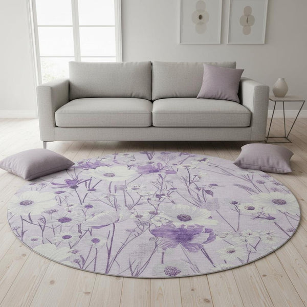 HomeRoots 8' X 8' Floral Round Rug in Lavender & Ivory - Washable, Stain-Resistant, UV Protected Comfort 694065