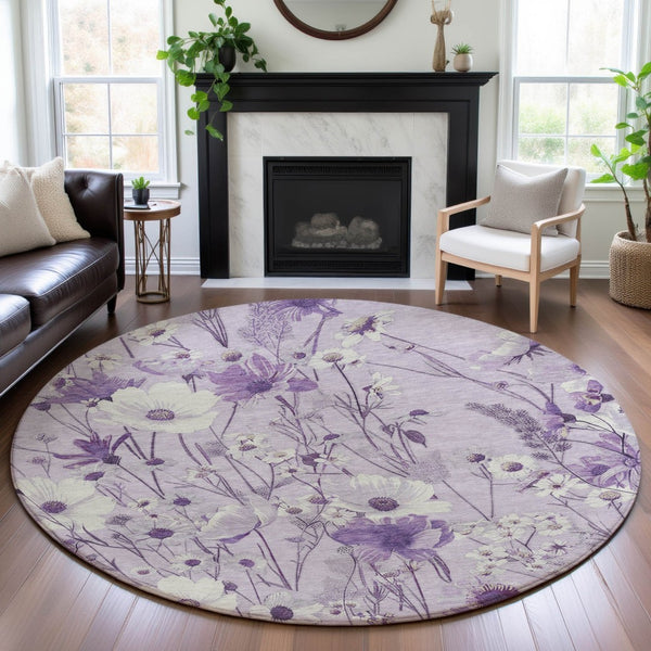 HomeRoots 8' X 8' Floral Round Rug in Lavender & Ivory - Washable, Stain-Resistant, UV Protected Comfort 694065