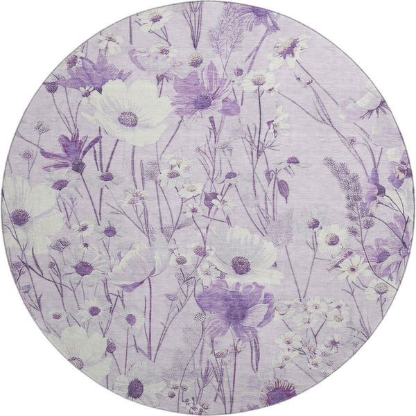 HomeRoots 8' X 8' Floral Round Rug in Lavender & Ivory - Washable, Stain-Resistant, UV Protected Comfort 694065