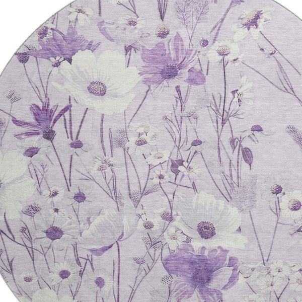 HomeRoots 8' X 8' Floral Round Rug in Lavender & Ivory - Washable, Stain-Resistant, UV Protected Comfort 694065