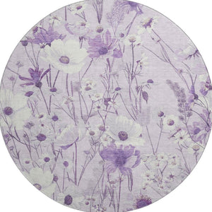 HomeRoots 8' X 8' Floral Round Rug in Lavender & Ivory - Washable, Stain-Resistant, UV Protected Comfort 694065