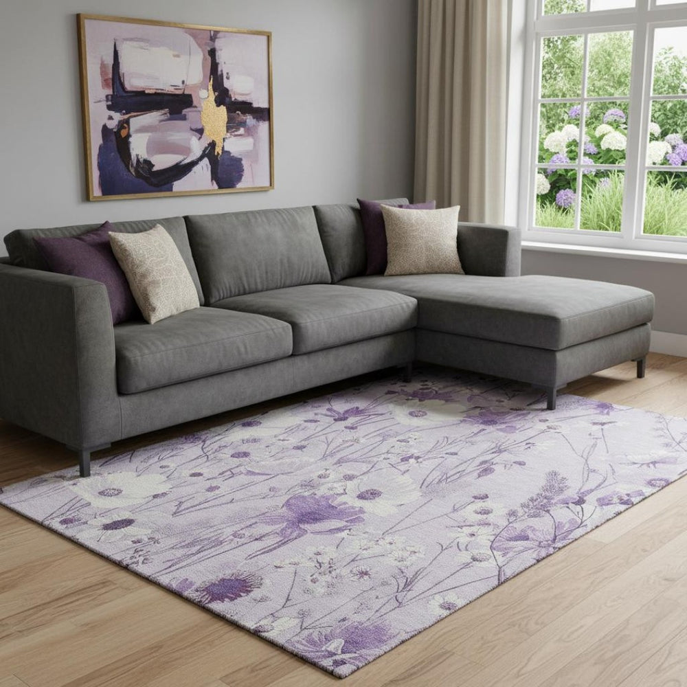 HomeRoots 8' Elegant Floral Washable Area Rug - Lavender & Ivory UV-Protected Design for Busy Homes! 694066