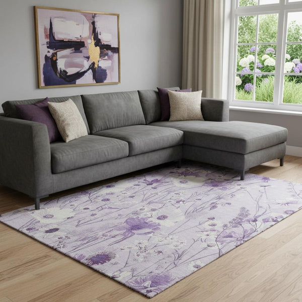 HomeRoots 8' Elegant Floral Washable Area Rug - Lavender & Ivory UV-Protected Design for Busy Homes! 694066