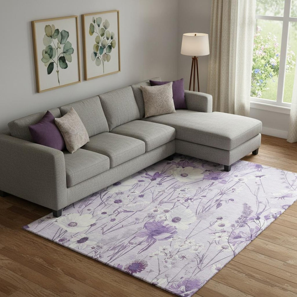 HomeRoots 10' X 14' Floral Area Rug – Lavender & Ivory, Washable, Stain-Resistant, UV Protected, Non-Slip 694068