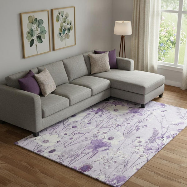 HomeRoots 10' X 14' Floral Area Rug – Lavender & Ivory, Washable, Stain-Resistant, UV Protected, Non-Slip 694068