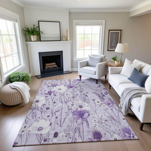 HomeRoots 10' X 14' Floral Area Rug – Lavender & Ivory, Washable, Stain-Resistant, UV Protected, Non-Slip 694068