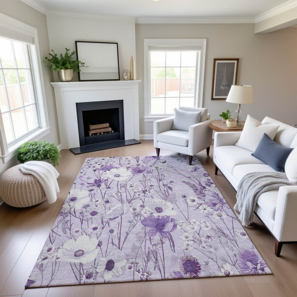 HomeRoots 10' X 14' Floral Area Rug – Lavender & Ivory, Washable, Stain-Resistant, UV Protected, Non-Slip 694068