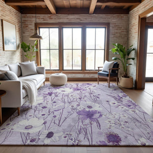 HomeRoots 10' X 14' Floral Area Rug – Lavender & Ivory, Washable, Stain-Resistant, UV Protected, Non-Slip 694068