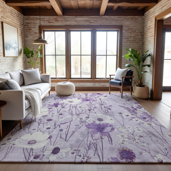 HomeRoots 10' X 14' Floral Area Rug – Lavender & Ivory, Washable, Stain-Resistant, UV Protected, Non-Slip 694068