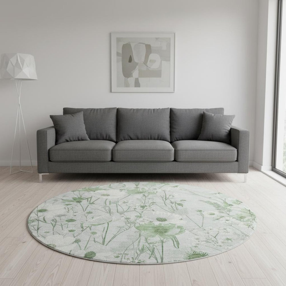 HomeRoots 8' X 8' Elegant Mint Green and Ivory Floral Washable Round Rug with UV Protection for All Spaces 694071