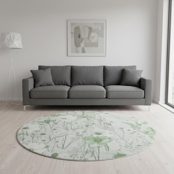 HomeRoots 8' X 8' Elegant Mint Green and Ivory Floral Washable Round Rug with UV Protection for All Spaces 694071