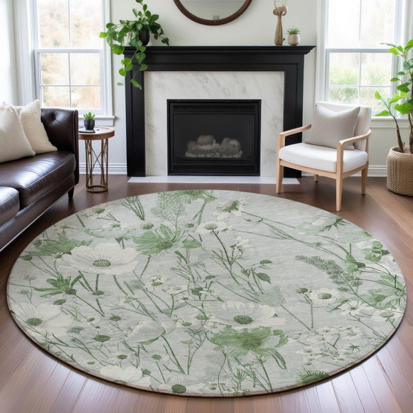 HomeRoots 8' X 8' Elegant Mint Green and Ivory Floral Washable Round Rug with UV Protection for All Spaces 694071