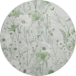 HomeRoots 8' X 8' Elegant Mint Green and Ivory Floral Washable Round Rug with UV Protection for All Spaces 694071
