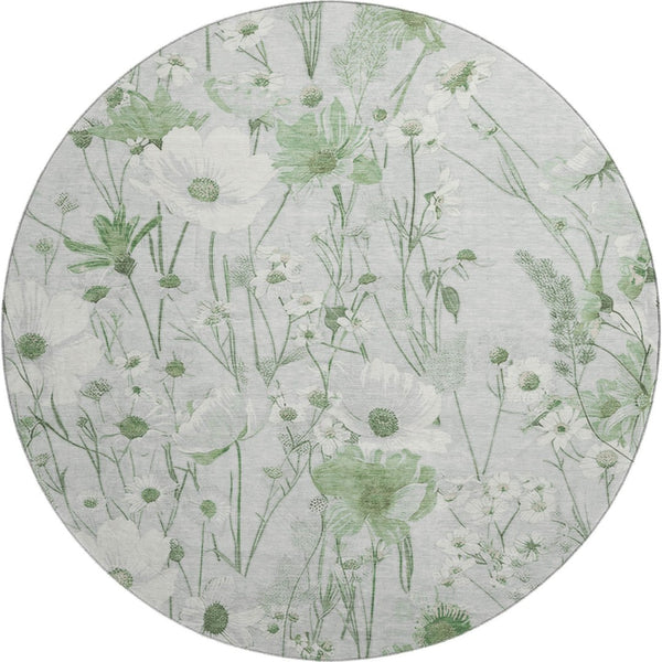 HomeRoots 8' X 8' Elegant Mint Green and Ivory Floral Washable Round Rug with UV Protection for All Spaces 694071
