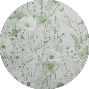 HomeRoots 8' X 8' Elegant Mint Green and Ivory Floral Washable Round Rug with UV Protection for All Spaces 694071