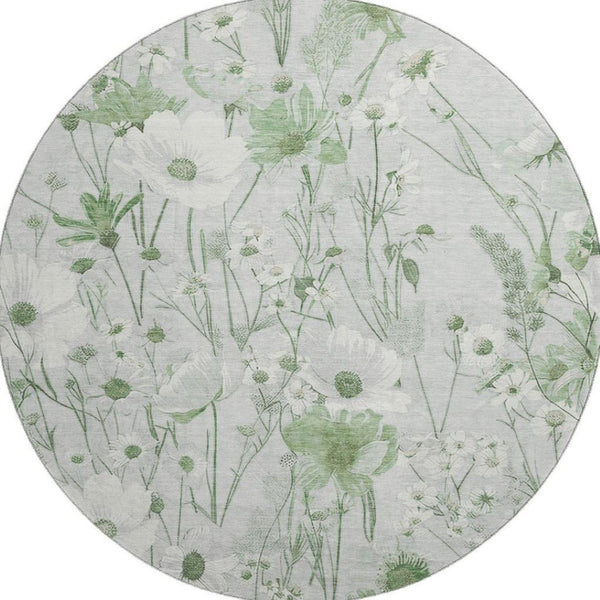HomeRoots 8' X 8' Elegant Mint Green and Ivory Floral Washable Round Rug with UV Protection for All Spaces 694071