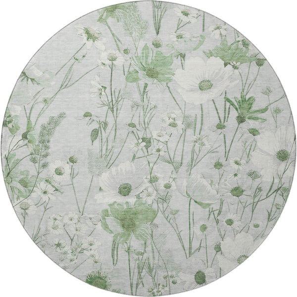 HomeRoots 8' X 8' Elegant Mint Green and Ivory Floral Washable Round Rug with UV Protection for All Spaces 694071
