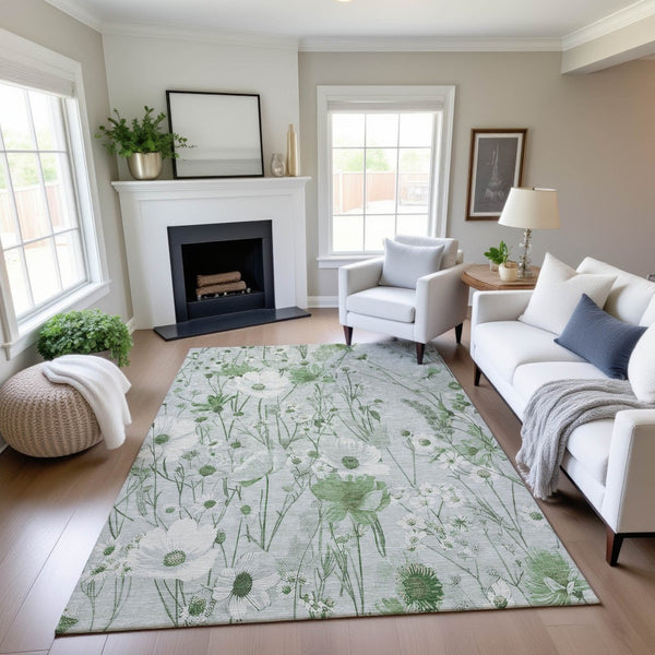 HomeRoots 8' Mint Green Floral Washable Area Rug - UV Protected, Stain Resistant, Perfect for Busy Homes 694072