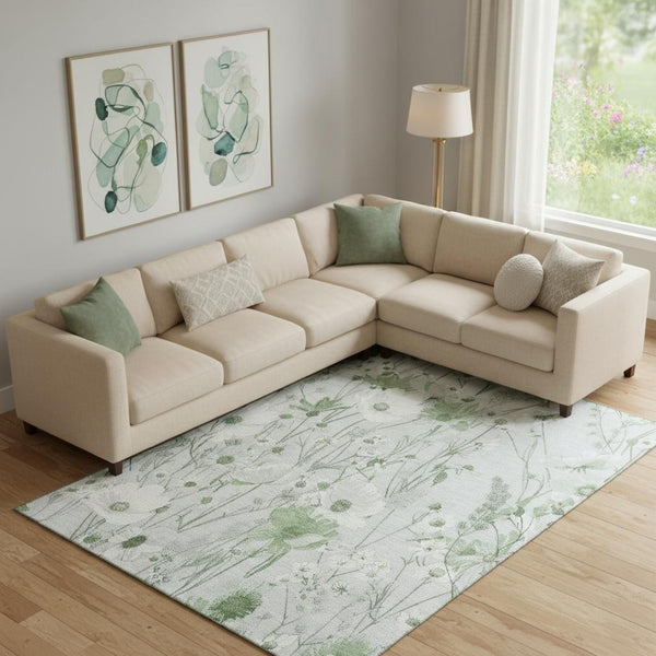 HomeRoots 10' X 14' Mint Green Floral Area Rug - Washable, UV Protected, Pet-Friendly, Stylish Design for Homes 694074