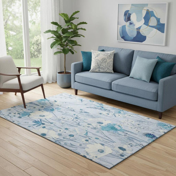 HomeRoots 5' X 8' Sky Blue & Ivory Floral Washable Area Rug - Durable, UV Protected, Easy Care for Every Home 694076