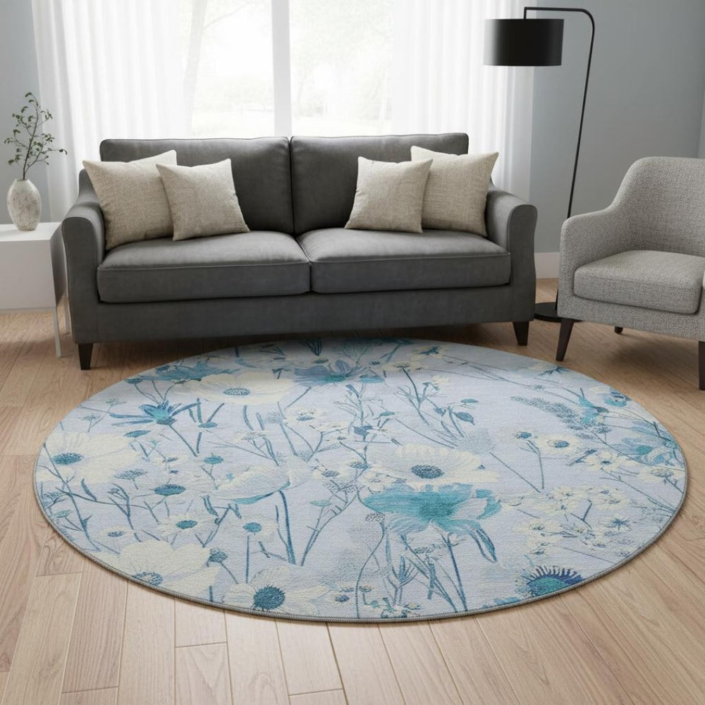 HomeRoots 8' X 8' Sky Blue Floral Washable Round Rug with UV Protection - Durable, Stain-Resistant & Stylish! 694077