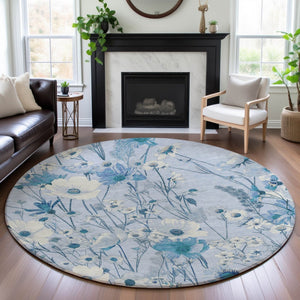 HomeRoots 8' X 8' Sky Blue Floral Washable Round Rug with UV Protection - Durable, Stain-Resistant & Stylish! 694077