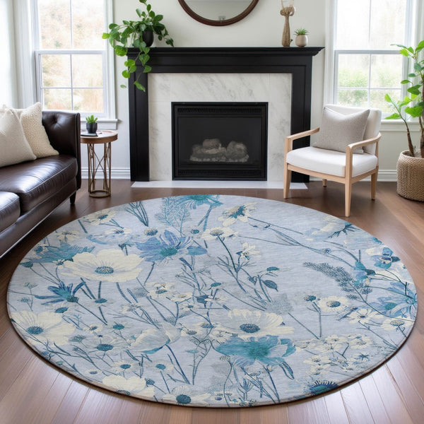 HomeRoots 8' X 8' Sky Blue Floral Washable Round Rug with UV Protection - Durable, Stain-Resistant & Stylish! 694077