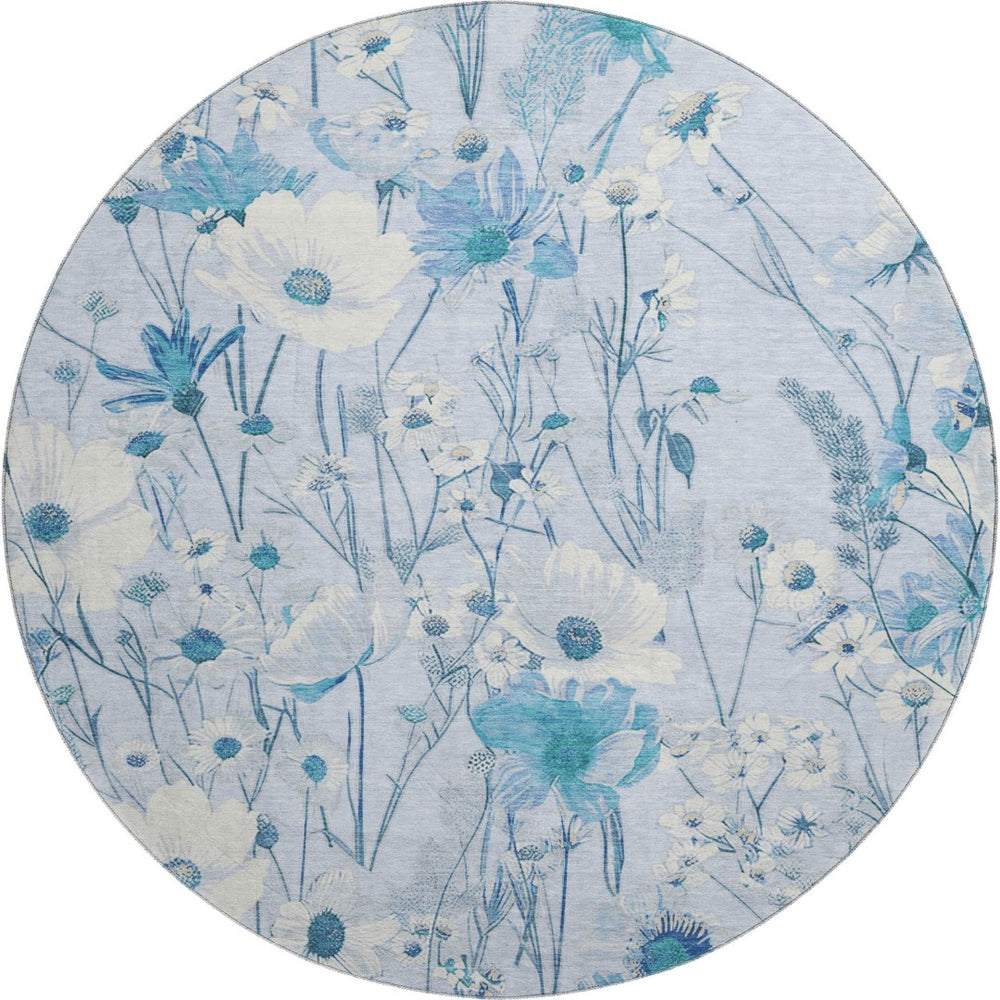 HomeRoots 8' X 8' Sky Blue Floral Washable Round Rug with UV Protection - Durable, Stain-Resistant & Stylish! 694077