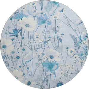 HomeRoots 8' X 8' Sky Blue Floral Washable Round Rug with UV Protection - Durable, Stain-Resistant & Stylish! 694077