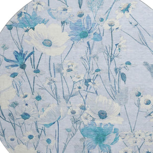 HomeRoots 8' X 8' Sky Blue Floral Washable Round Rug with UV Protection - Durable, Stain-Resistant & Stylish! 694077