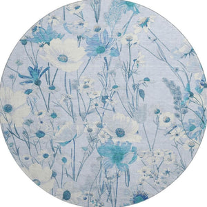 HomeRoots 8' X 8' Sky Blue Floral Washable Round Rug with UV Protection - Durable, Stain-Resistant & Stylish! 694077