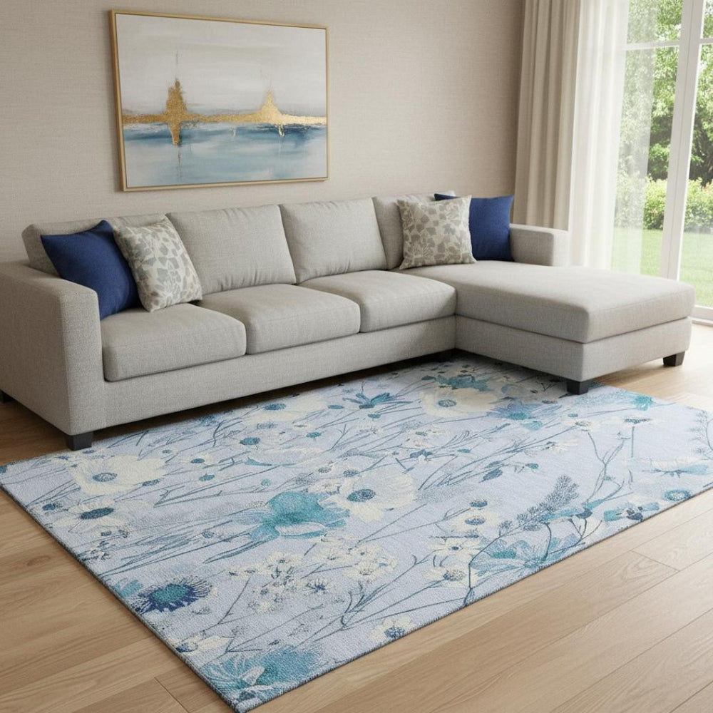 HomeRoots 8' Sky Blue Floral Area Rug - Washable, Stain-Resistant, UV Protected for High-Traffic Spaces 694078