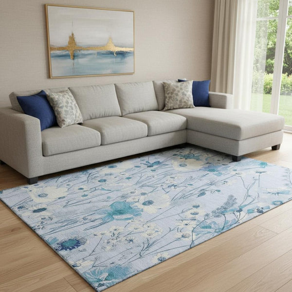 HomeRoots 8' Sky Blue Floral Area Rug - Washable, Stain-Resistant, UV Protected for High-Traffic Spaces 694078