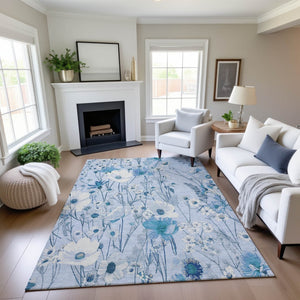 HomeRoots 9' X 12' Sky Blue Floral Area Rug - Stain Resistant, UV Protected, Ideal for High-Traffic Spaces 694079
