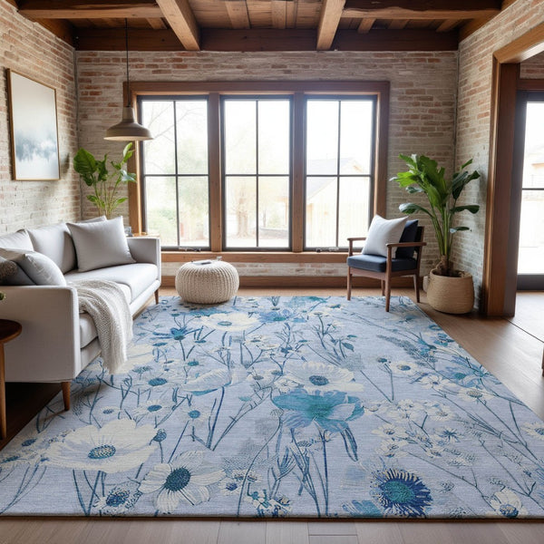 HomeRoots 9' X 12' Sky Blue Floral Area Rug - Stain Resistant, UV Protected, Ideal for High-Traffic Spaces 694079