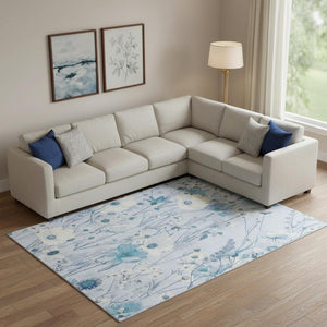 HomeRoots 10' Sky Blue and Ivory Floral Area Rug - Washable, UV Protected, Perfect for Busy Homes & Spaces 694080