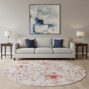HomeRoots 8' X 8' Salmon Ivory Floral Washable Round Rug - Durable, Stain Resistant with UV Protection & Style 694083