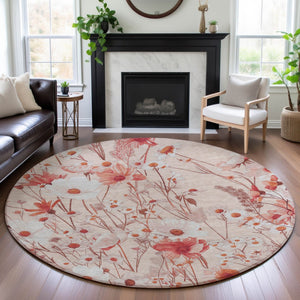 HomeRoots 8' X 8' Salmon Ivory Floral Washable Round Rug - Durable, Stain Resistant with UV Protection & Style 694083