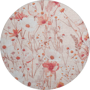 HomeRoots 8' X 8' Salmon Ivory Floral Washable Round Rug - Durable, Stain Resistant with UV Protection & Style 694083