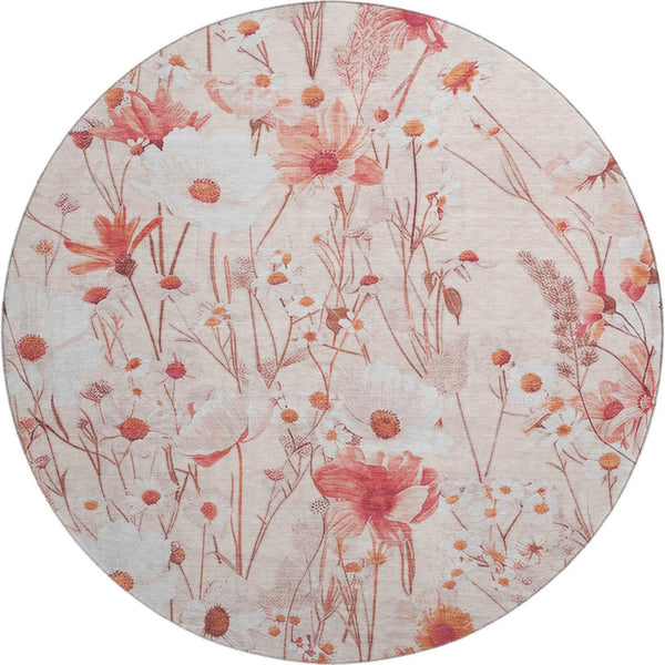 HomeRoots 8' X 8' Salmon Ivory Floral Washable Round Rug - Durable, Stain Resistant with UV Protection & Style 694083