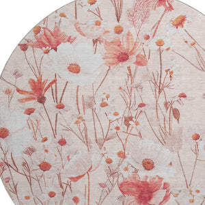 HomeRoots 8' X 8' Salmon Ivory Floral Washable Round Rug - Durable, Stain Resistant with UV Protection & Style 694083